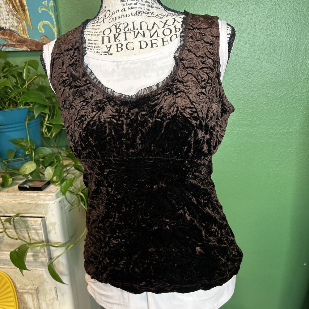 Vtg 90s Y2K Brown Crushed Velvet Tank Witchy Boho, Fairy, Whimsy Grunge Size L